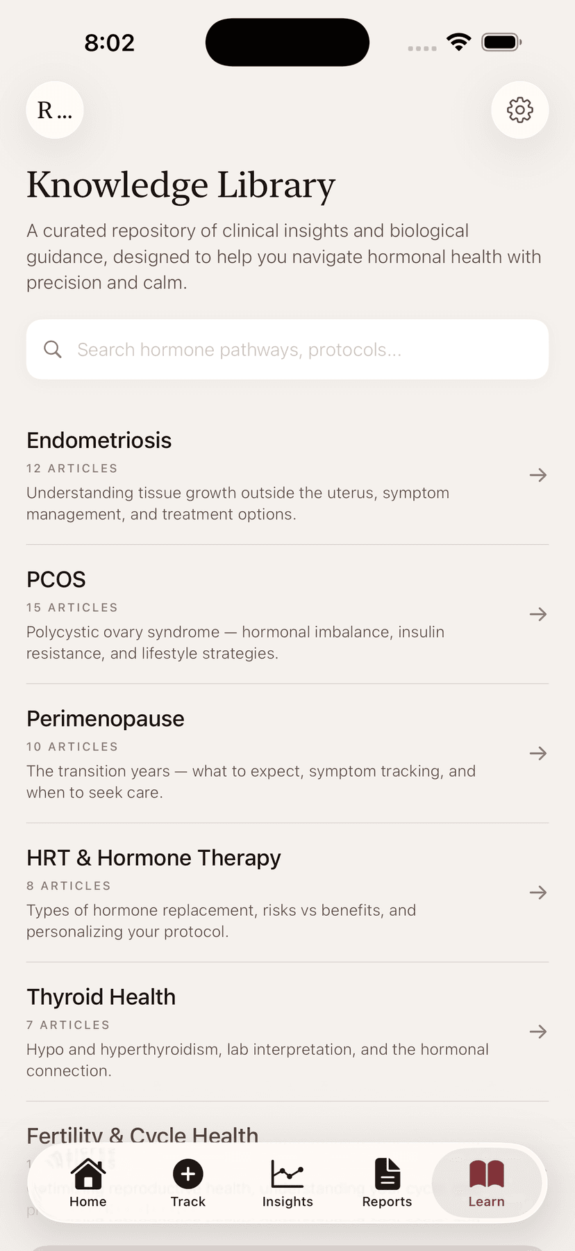 Reen app Learn screen